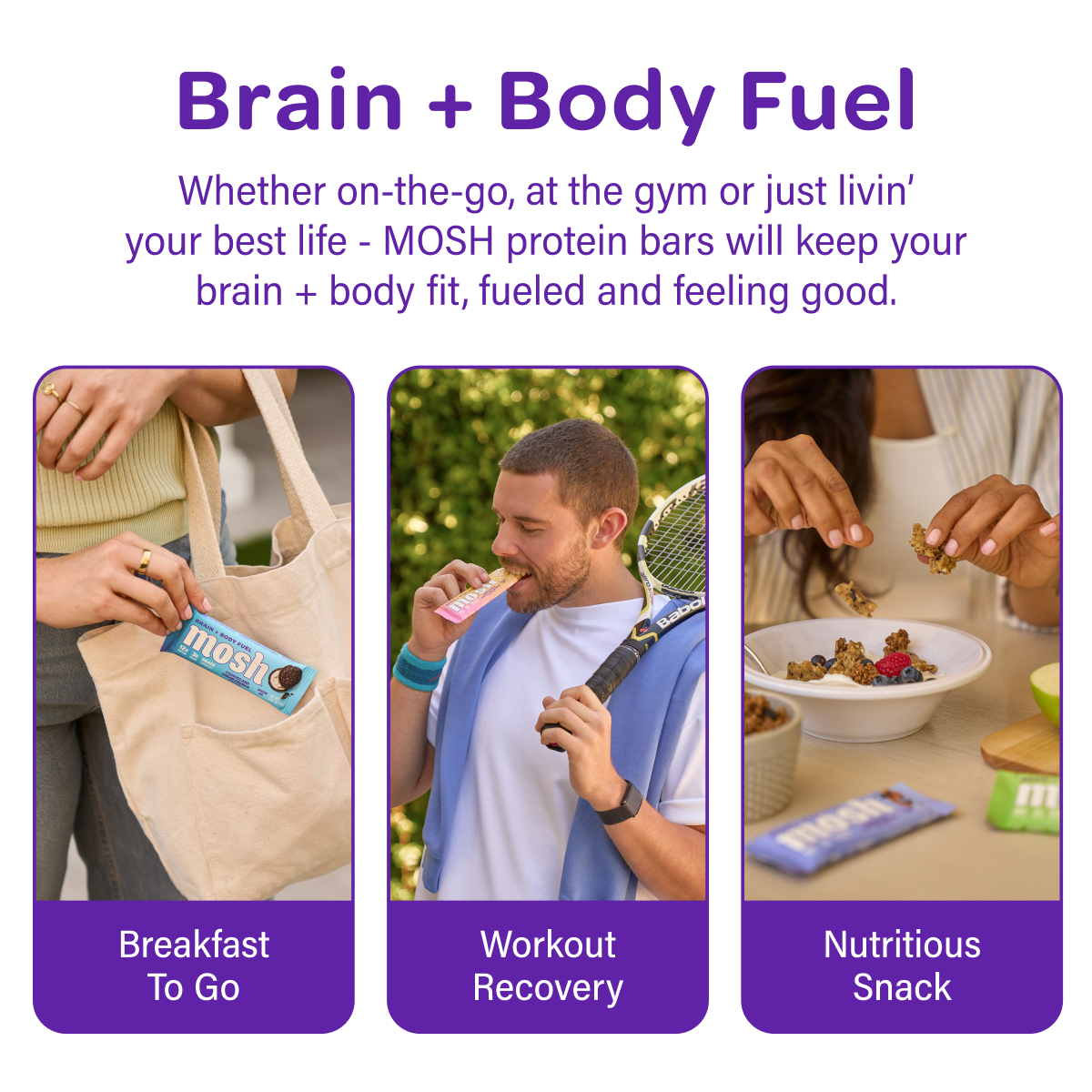 MOSH protein bar nutrition facts featuring brain nutrients and ingredients like Cognizin, lion’s mane, ashwagandha, and vitamins B12 and D3