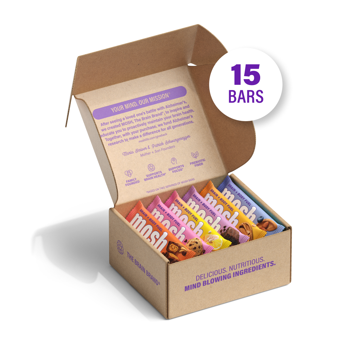 MOSH Mind Blowing Variety box open showing nutritious and delicious flavors that support brain health