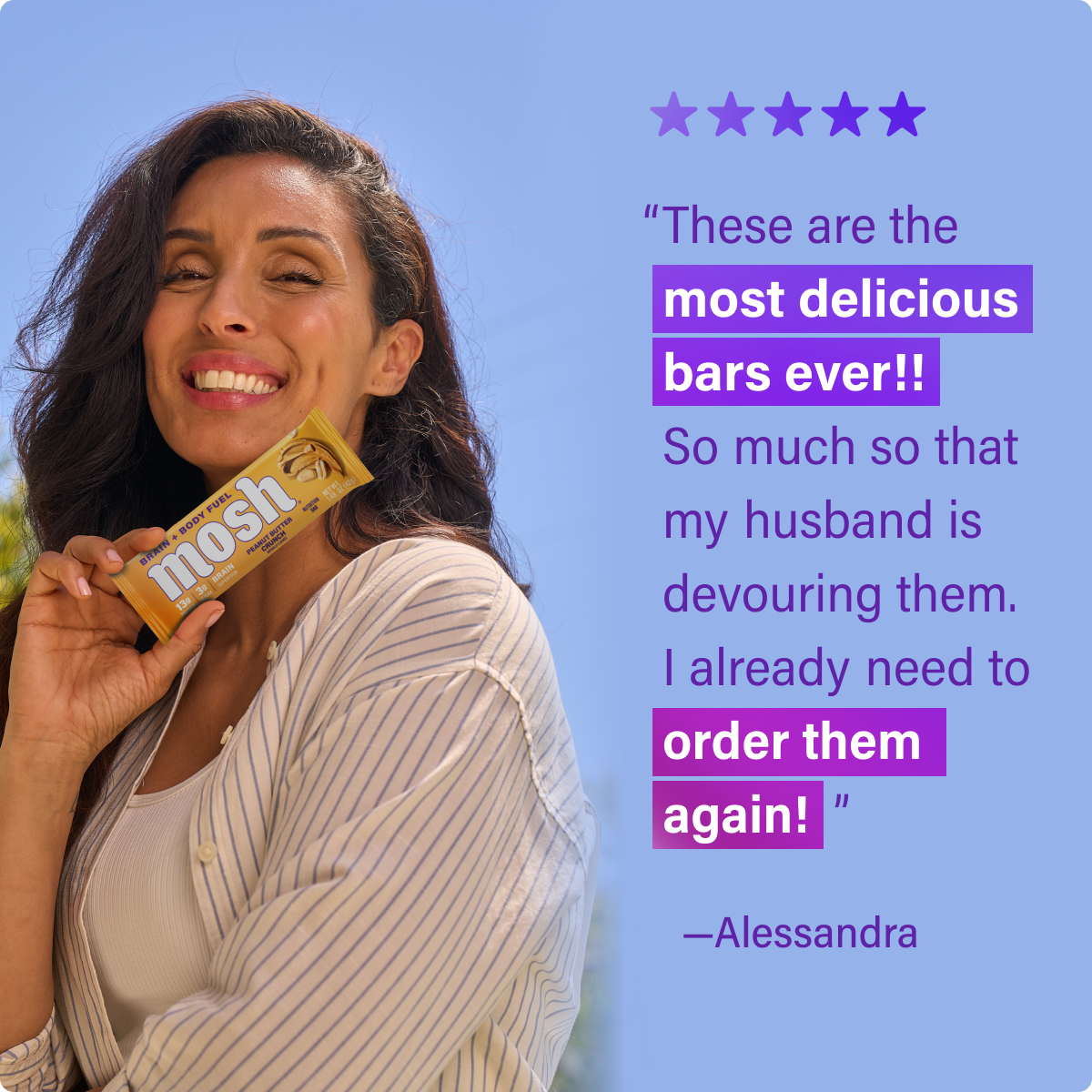 MOSH protein bar customer 5-star review for variety pack