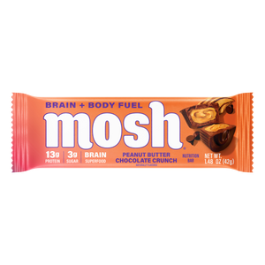MOSH Peanut Butter Chocolate Crunch protein bar in wrapper featuring brain nutrients and ingredients