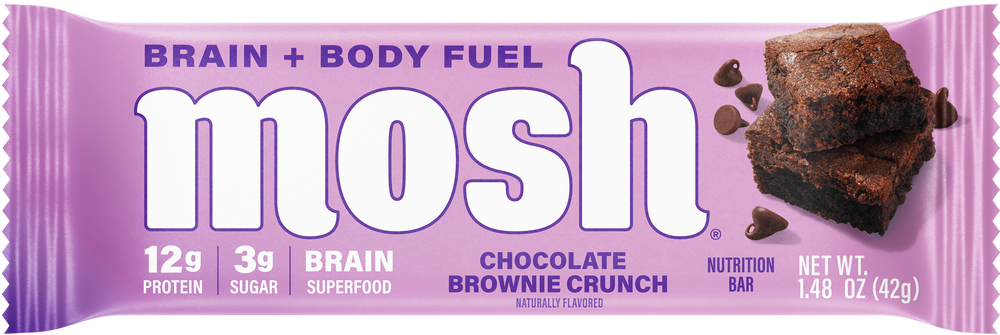 MOSH chocolate brownie crunch protein bar in a wrapper featuring brain boosting ingredients