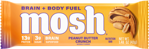 MOSH peanut butter crunch protein bar in a wrapper featuring brain boosting ingredients