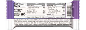 back side of blueberry almond crunch mosh bar containing nutrition facts