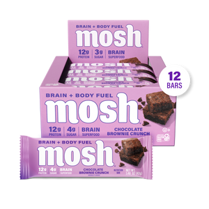 MOSH Chocolate Brownie Crunch brain health protein bar, front of package