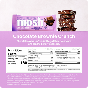 MOSH Chocolate Brownie Crunch brain health protein bar packaging and nutrition facts panel