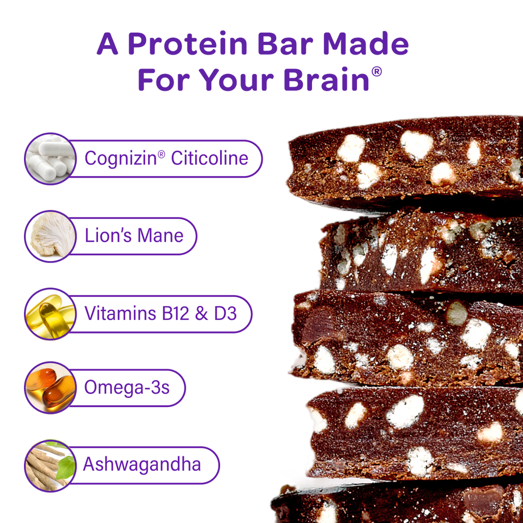 MOSH Chocolate Brownie Crunch bar ingredients including Cognizin, Lion's Mane, and Ashwagandha