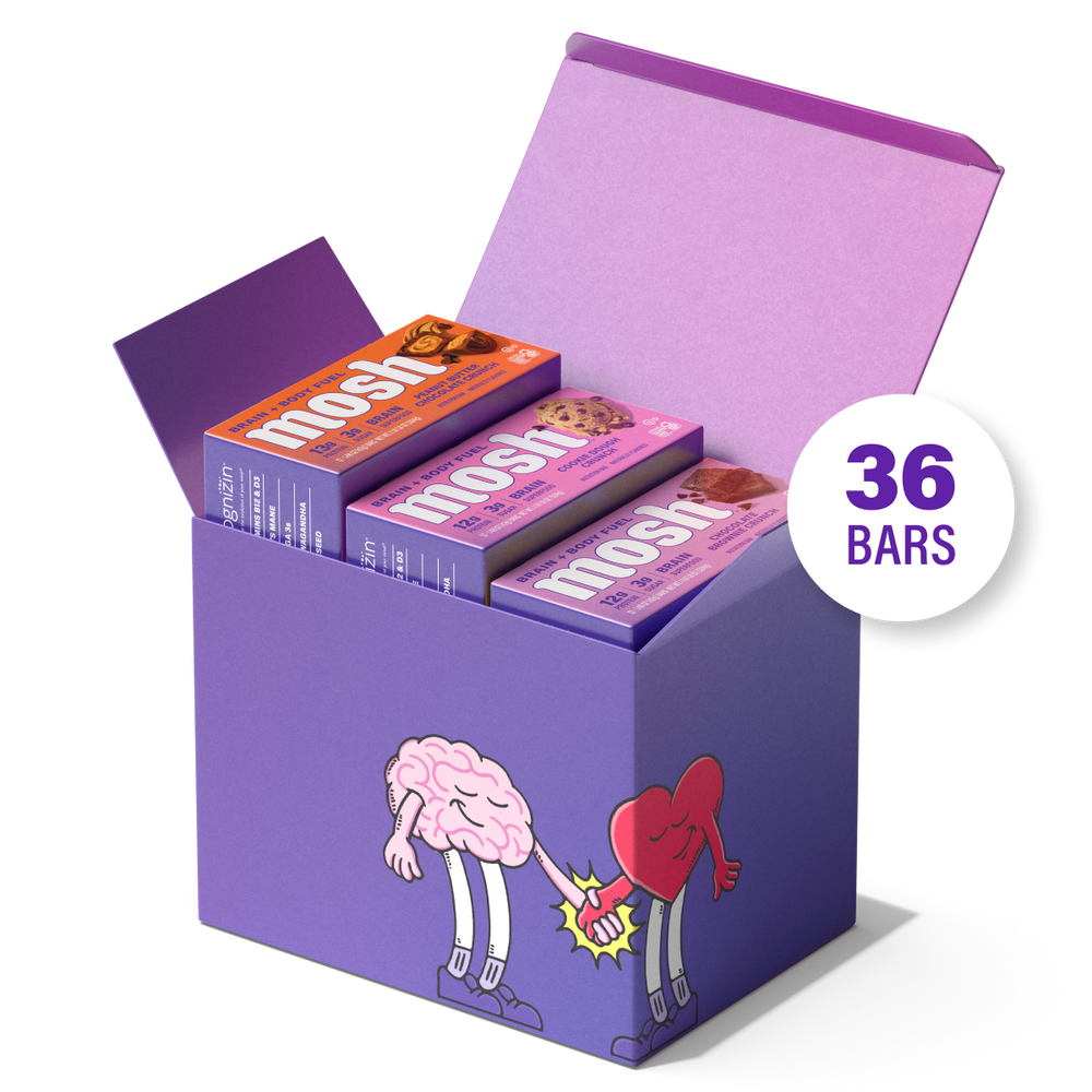 MOSH protein bars featuring chocolate flavors like peanut butter chocolate, cookie dough crunch, and chocolate brownie crunch