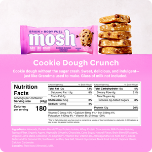 MOSH Cookie Dough Crunch brain health protein bar packaging and nutrition facts panel