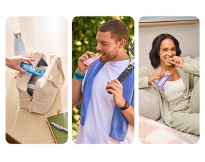 Three people using a Mosh Bar, with one person opening a package and another eating it outdoors.