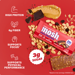 MOSH High Protein Variety Pack key facts card: 20g protein, 3g sugar, with creatine