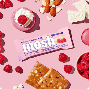 MOSH Raspberry White Chocolate Crunch protein bar featuring brain nutrients and ingredients