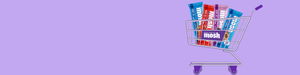 Cart filled with Mosh protein bars on a purple background