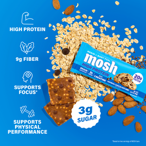 MOSH High Protein Oatmeal Chocolate Chip key facts: 20g protein, 9g fiber, 3g sugar