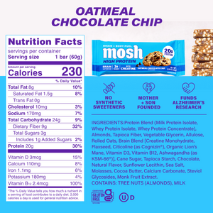 Nutrition Facts for MOSH High Protein Oatmeal Chocolate Chip: 230 calories, 20g protein, 3g sugar, 9g fiber per 60g bar