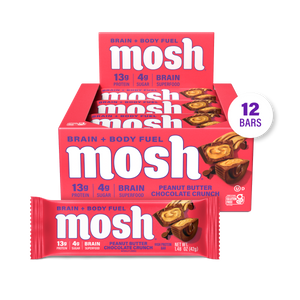 MOSH Peanut Butter Chocolate Crunch brain health protein bar, front of package