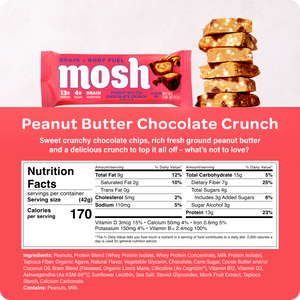 MOSH Peanut Butter Chocolate Crunch brain health protein bar packaging and nutrition facts panel
