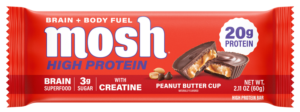 Red protein bar packaging with 'mosh' branding on a white background