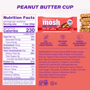 Nutrition Facts for MOSH High Protein Peanut Butter Cup: 230 calories, 20g protein, 3g sugar, 8g fiber per 60g bar