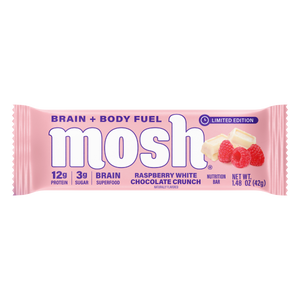 MOSH raspberry white chocolate protein bar in a wrapper featuring brain boosting ingredients