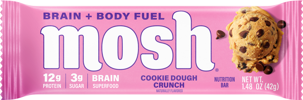 MOSH cookie dough crunch protein bar in a wrapper featuring brain boosting ingredients